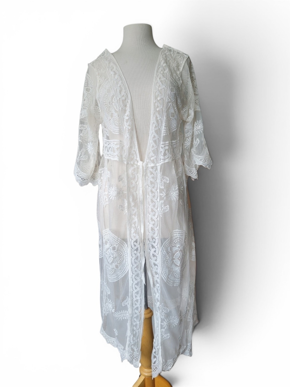 Embroidered Sheer Mesh Long Kimono Coverup Off White Boho Lace Floral OS